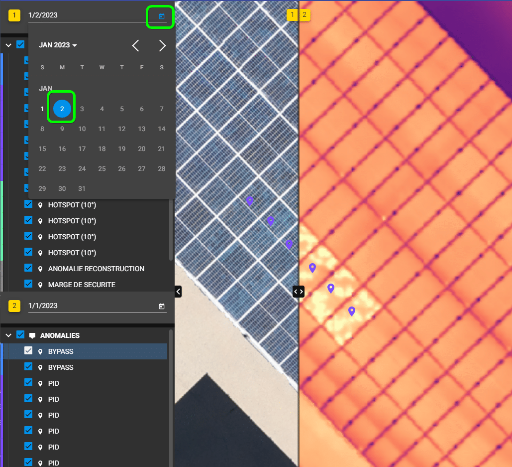 Comparatif thermogramme et image RVB d'une centrale solaire